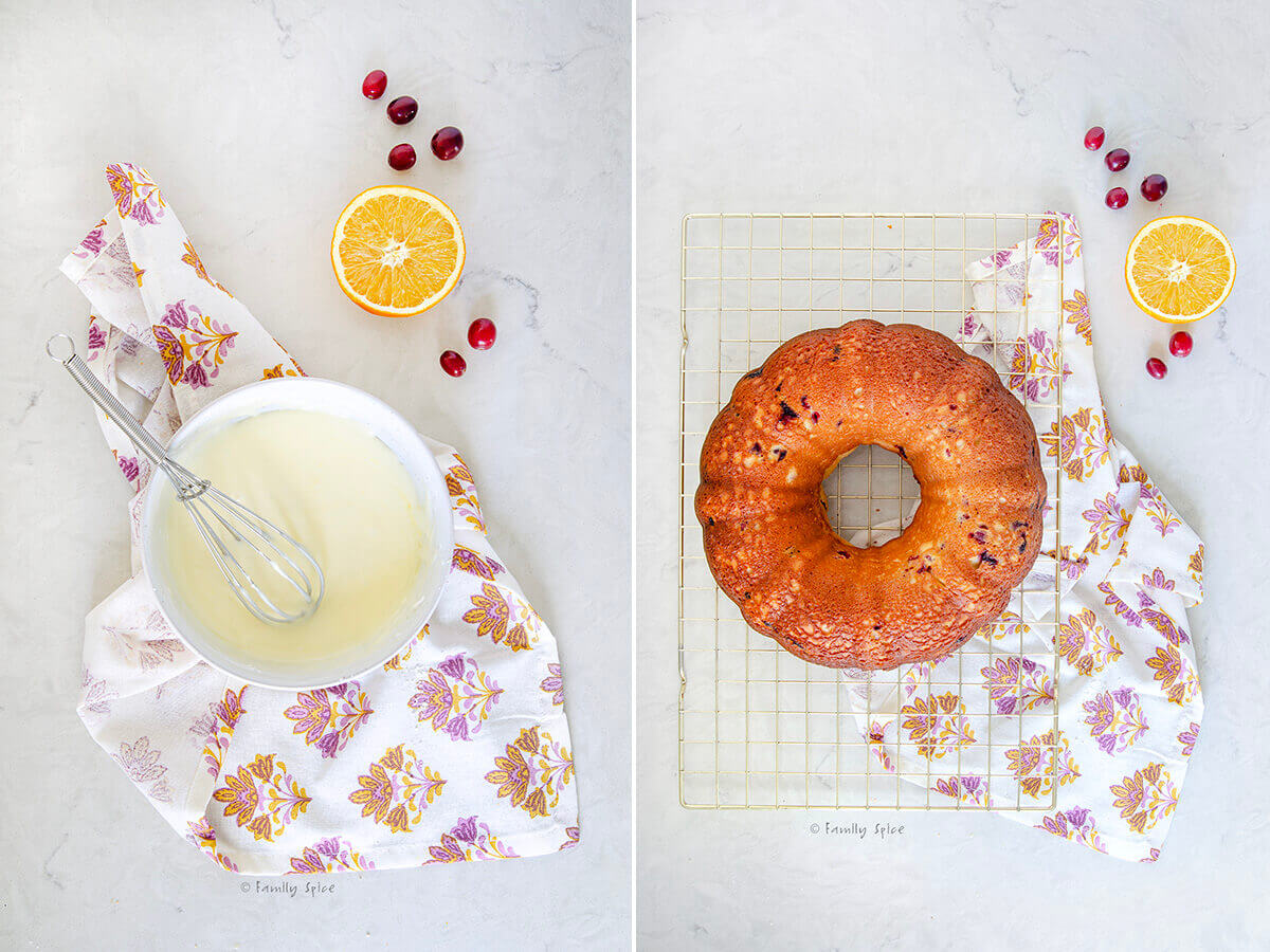 Collage of two images showing an orange cranberry olive oil bundt cake on a cooling rack and a white bowl with orange icing in it.