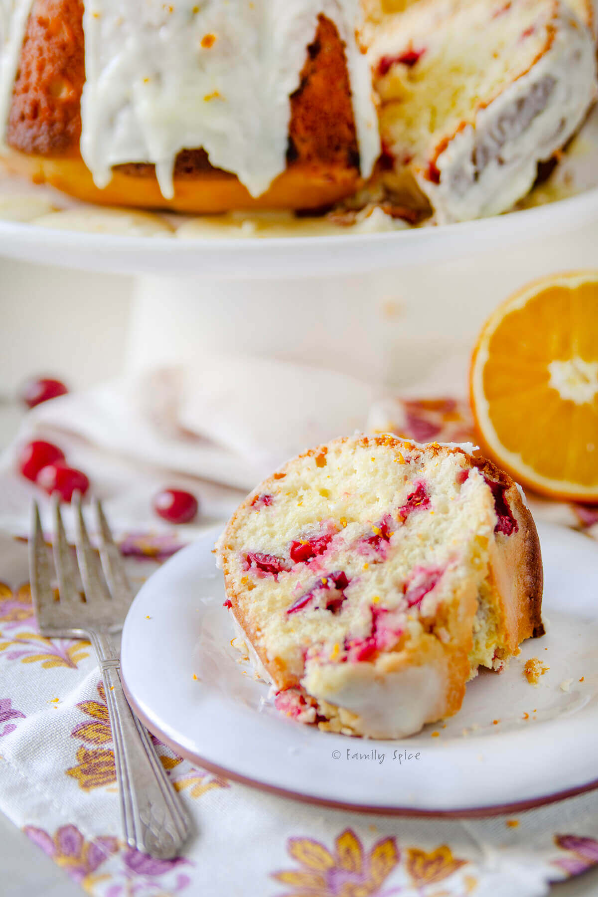 Closeup of a slice of orange cranberry olive oil cake on a plate with the rest of the cake behind it.