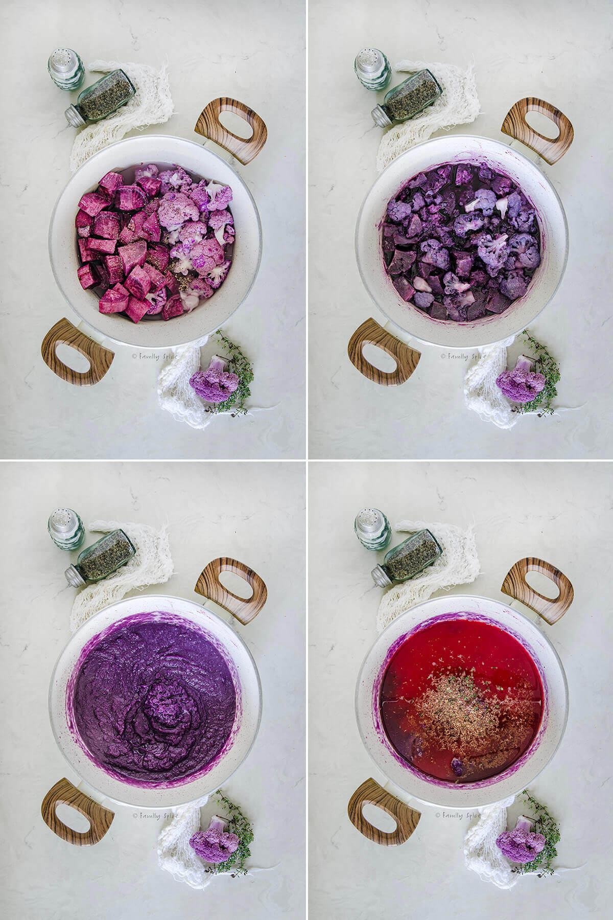 Collage of four images showing how to make purple sweet potato soup.