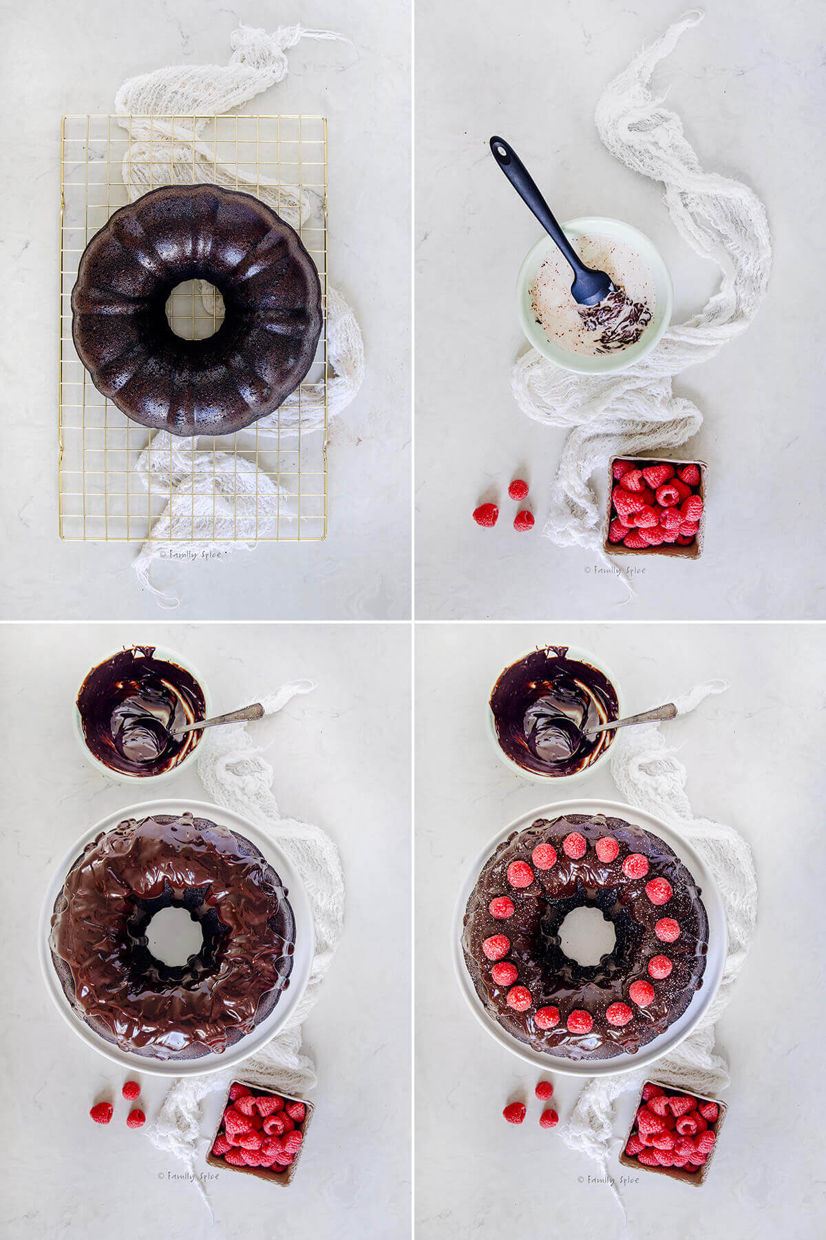 Collage of four pictures showing how to decorate an olive oil chocolate bundt cake.