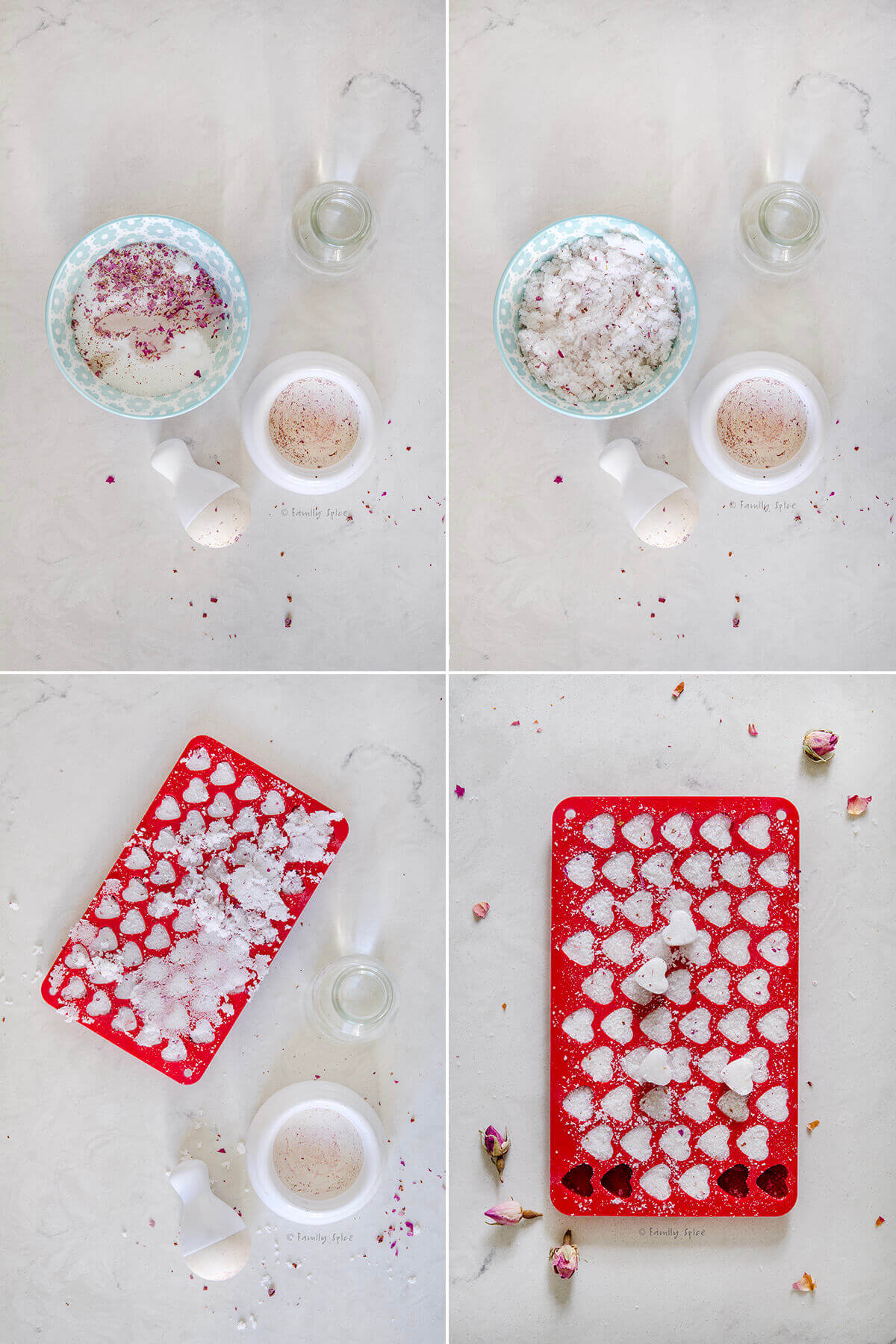 Collage of four images showing how to make sugar cubes.