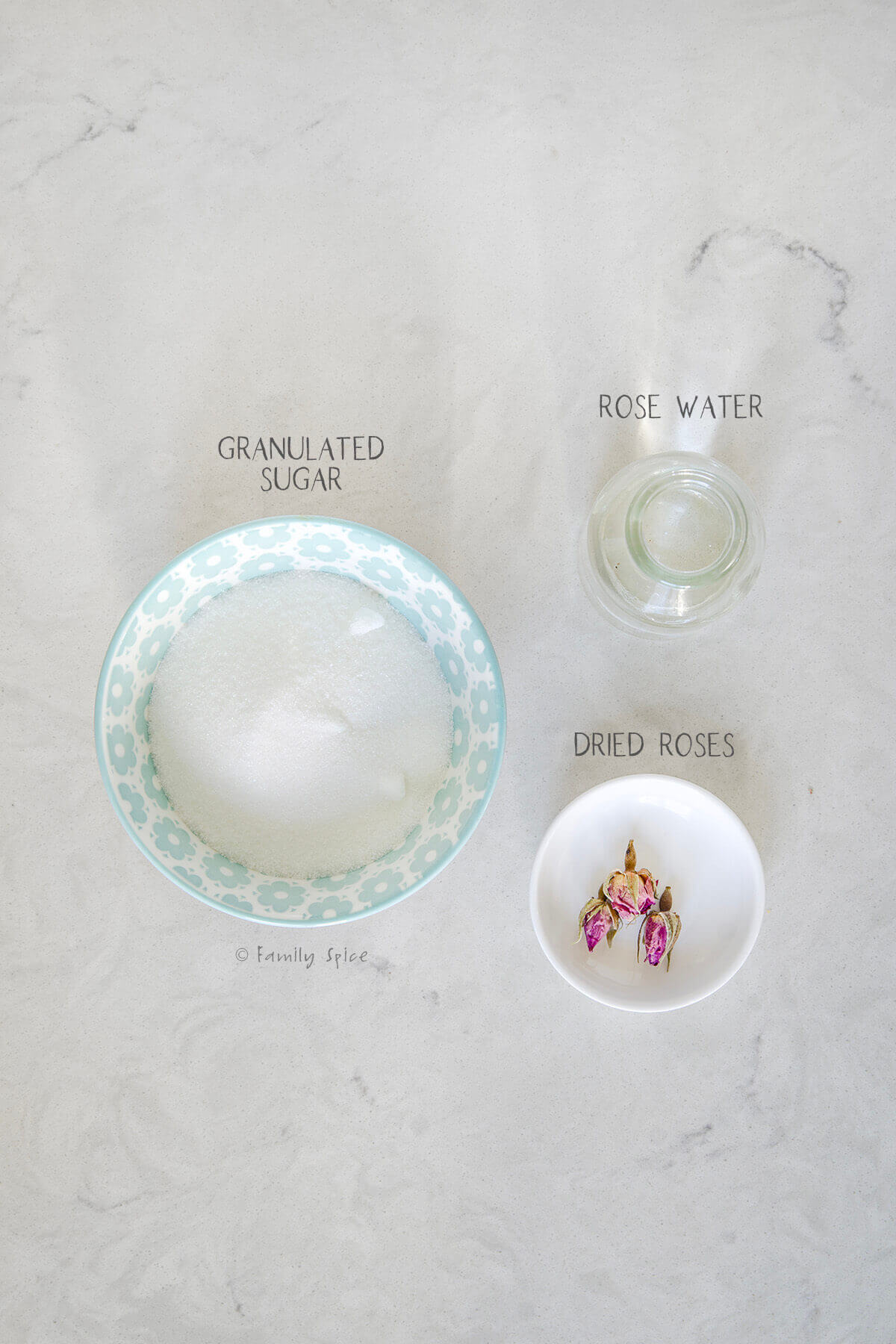 Ingredients labeled and needed to make sugar cubes.