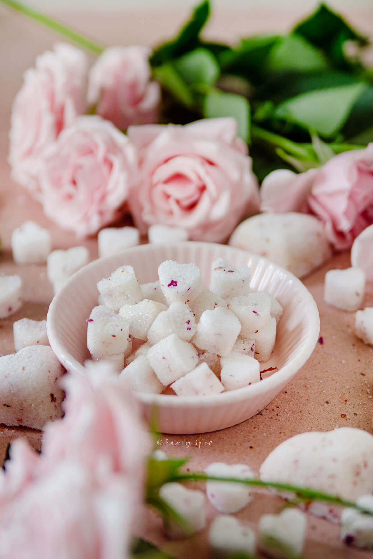 Closeup of a small pink bowl filled with heart shaped sugar cubes on a pink background surrounded by more sugar cubes and pink roses.