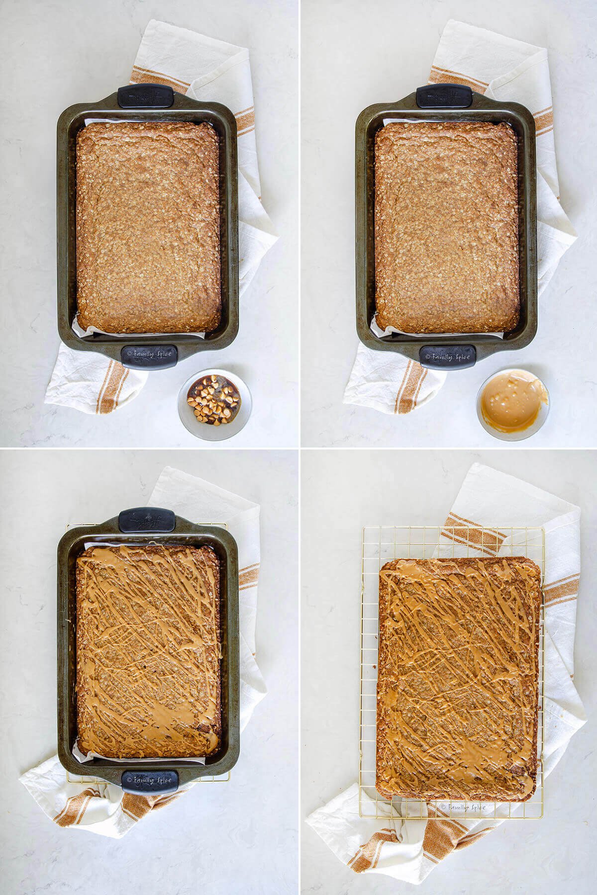 Collage of four images showing how to make glaze for freshly baked butterscotch bars.
