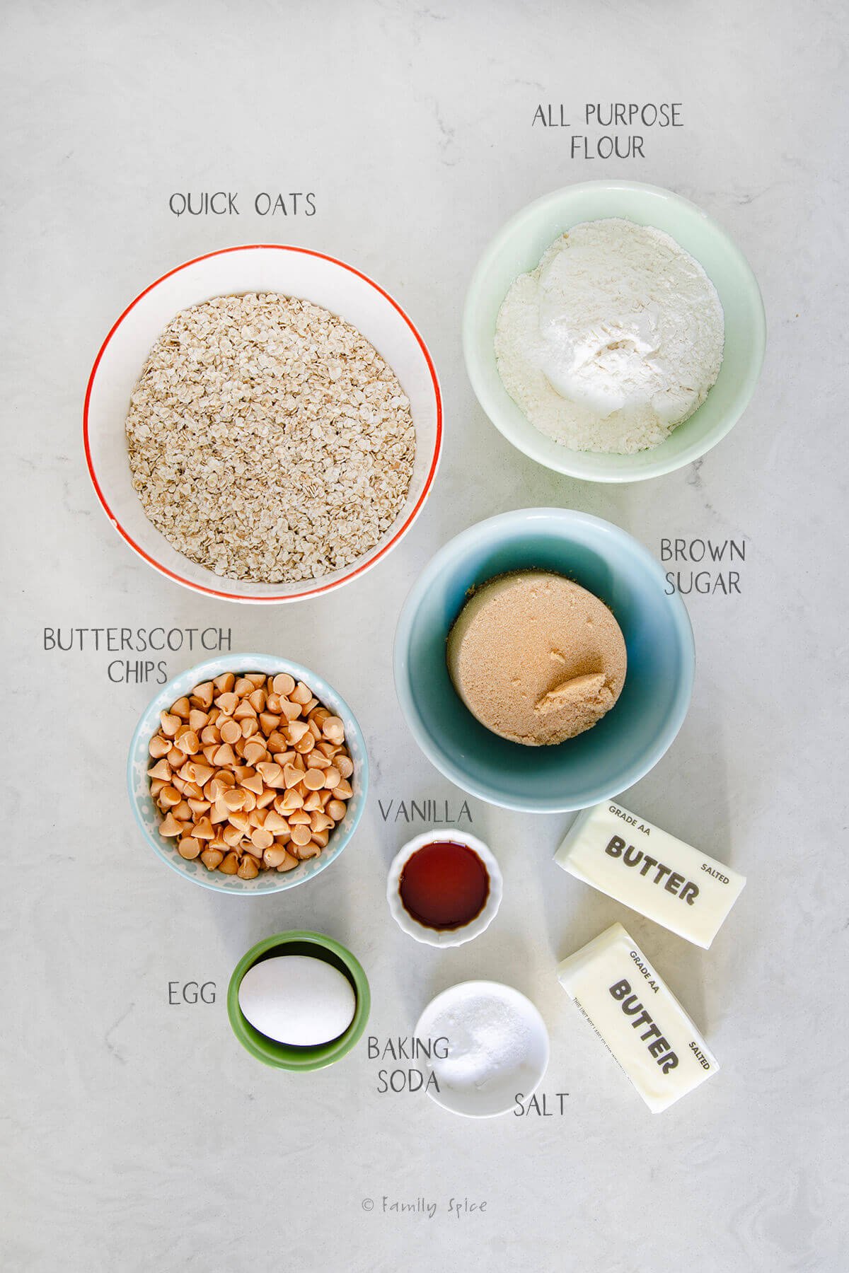 Ingredients labeled and needed to make oatmeal butterscotch bars.