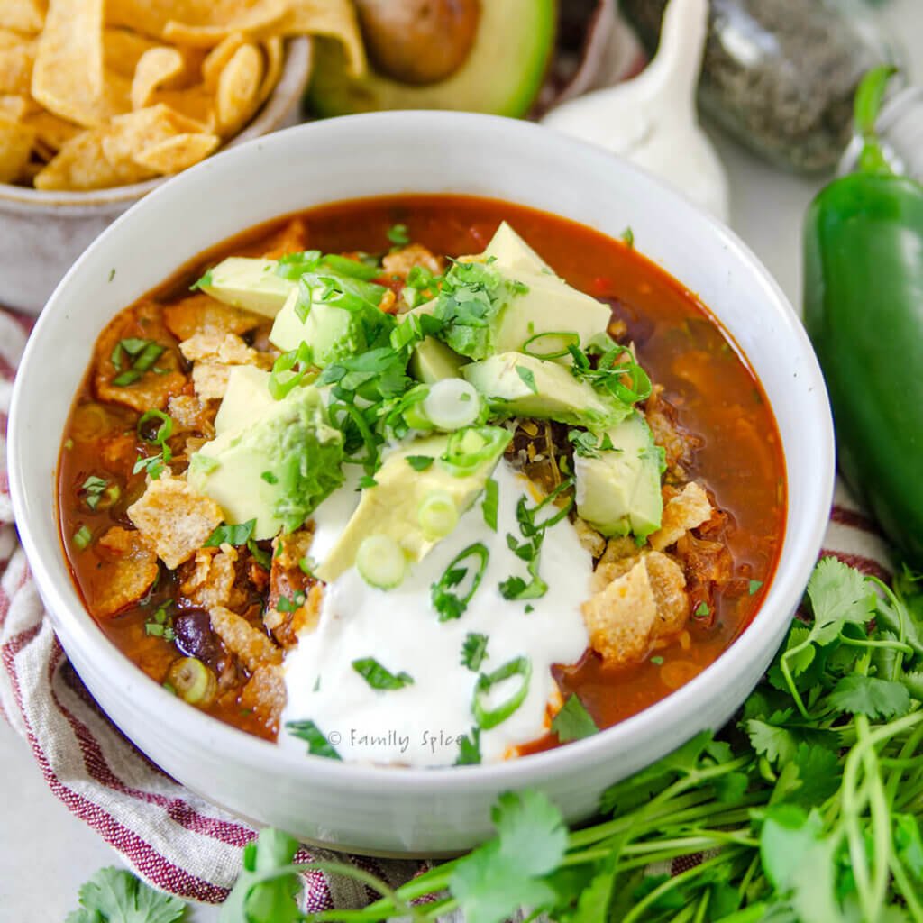 Closeup of a bowl of pulled pork chili with all the fixings.