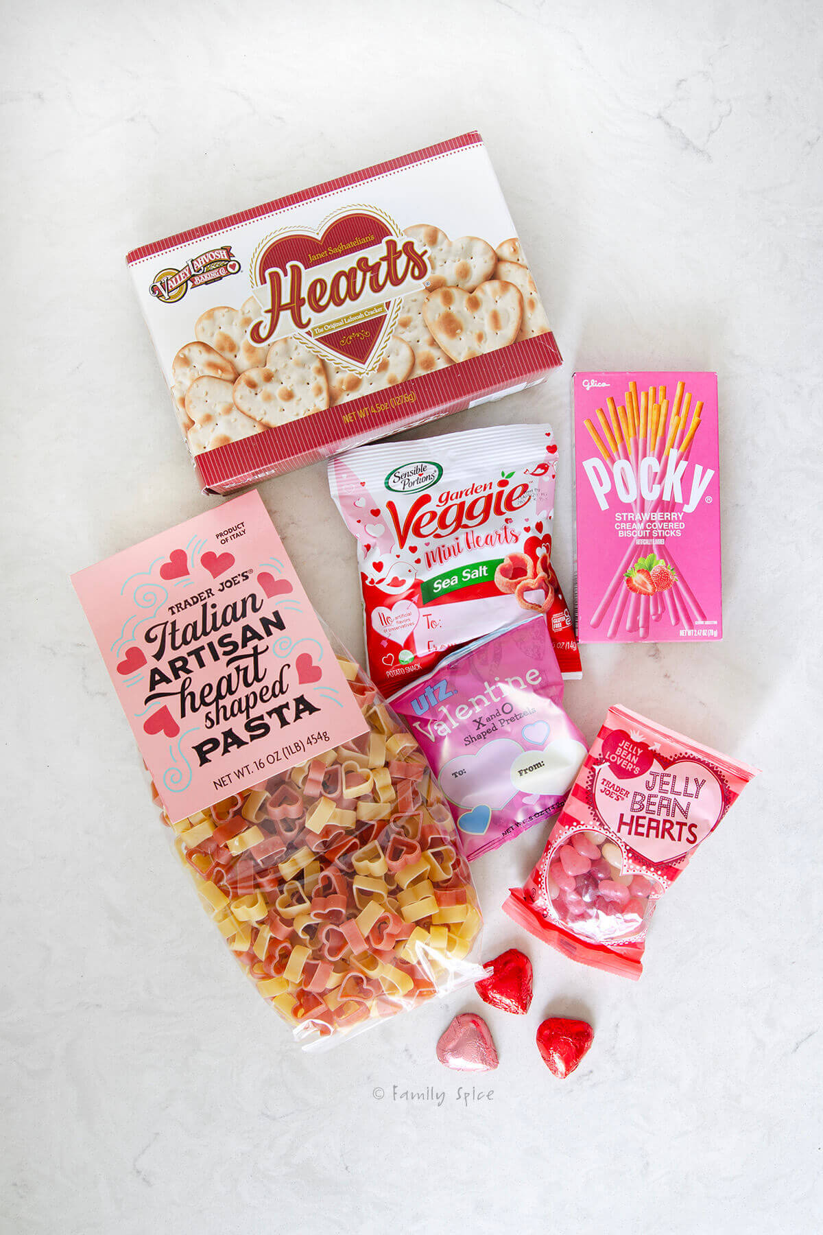Assorted savory Valentine's Day foods.