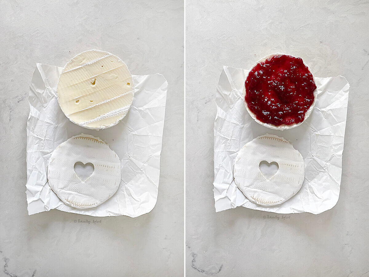 Two images showing how to make a valentine's day wheel of brie.