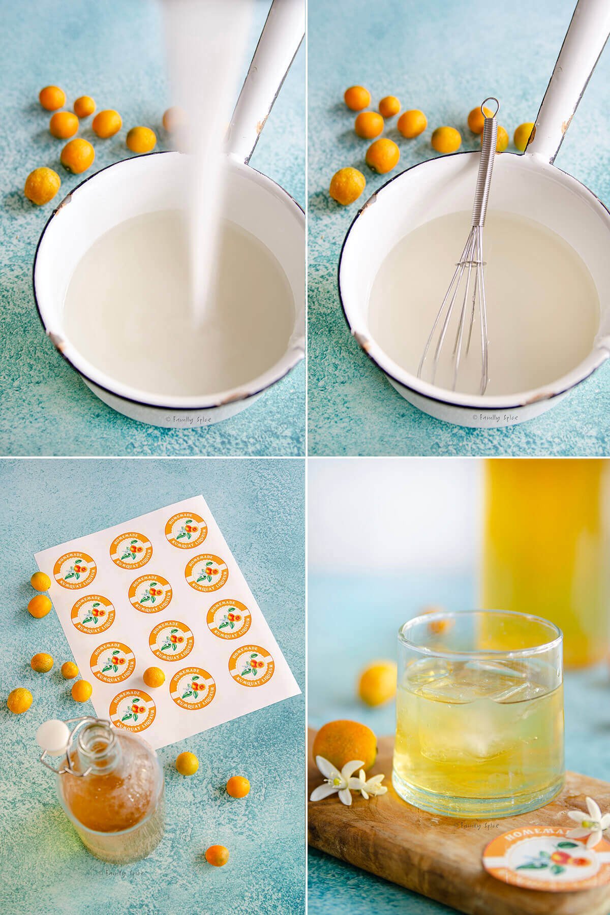 Collage of four images showing how to make kumquat liqueur.