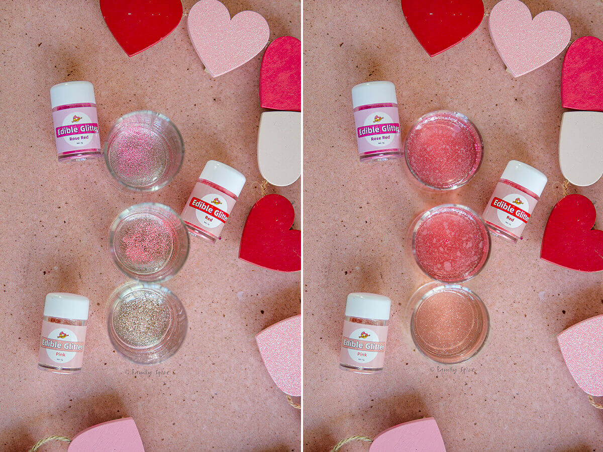 Collage of two pictures showing how different edible glitters look when mixed with juice.