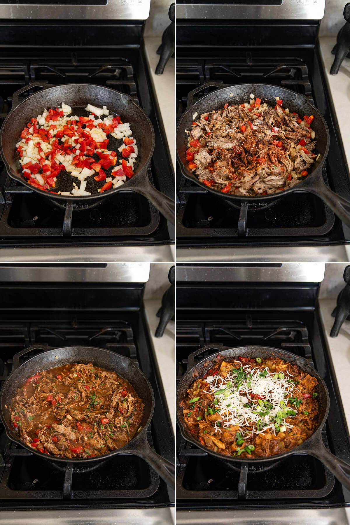 Collage of four images showing how to make pulled pork enchilada skillet.