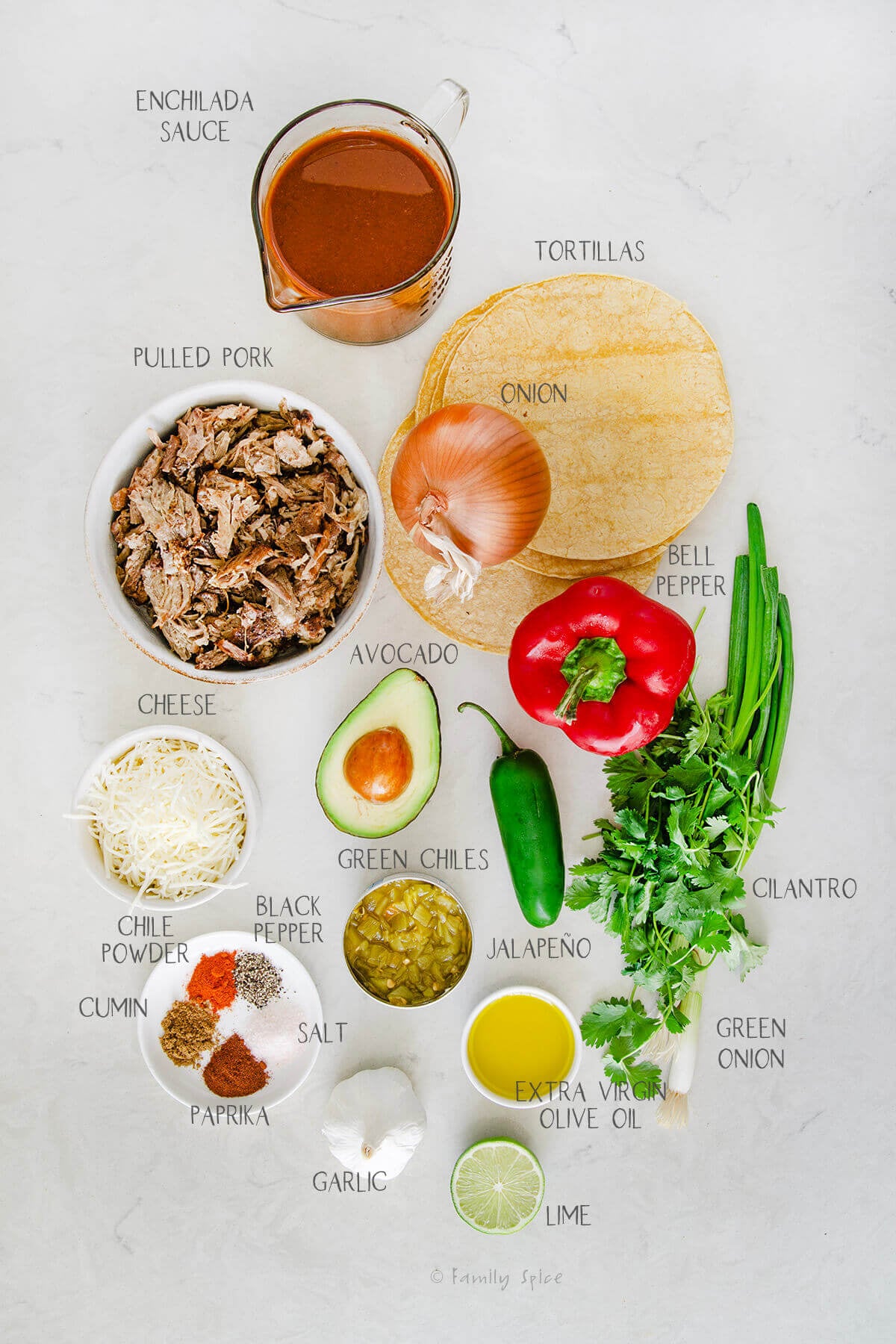 Ingredients labeled and needed to make pulled pork enchilada skillet.