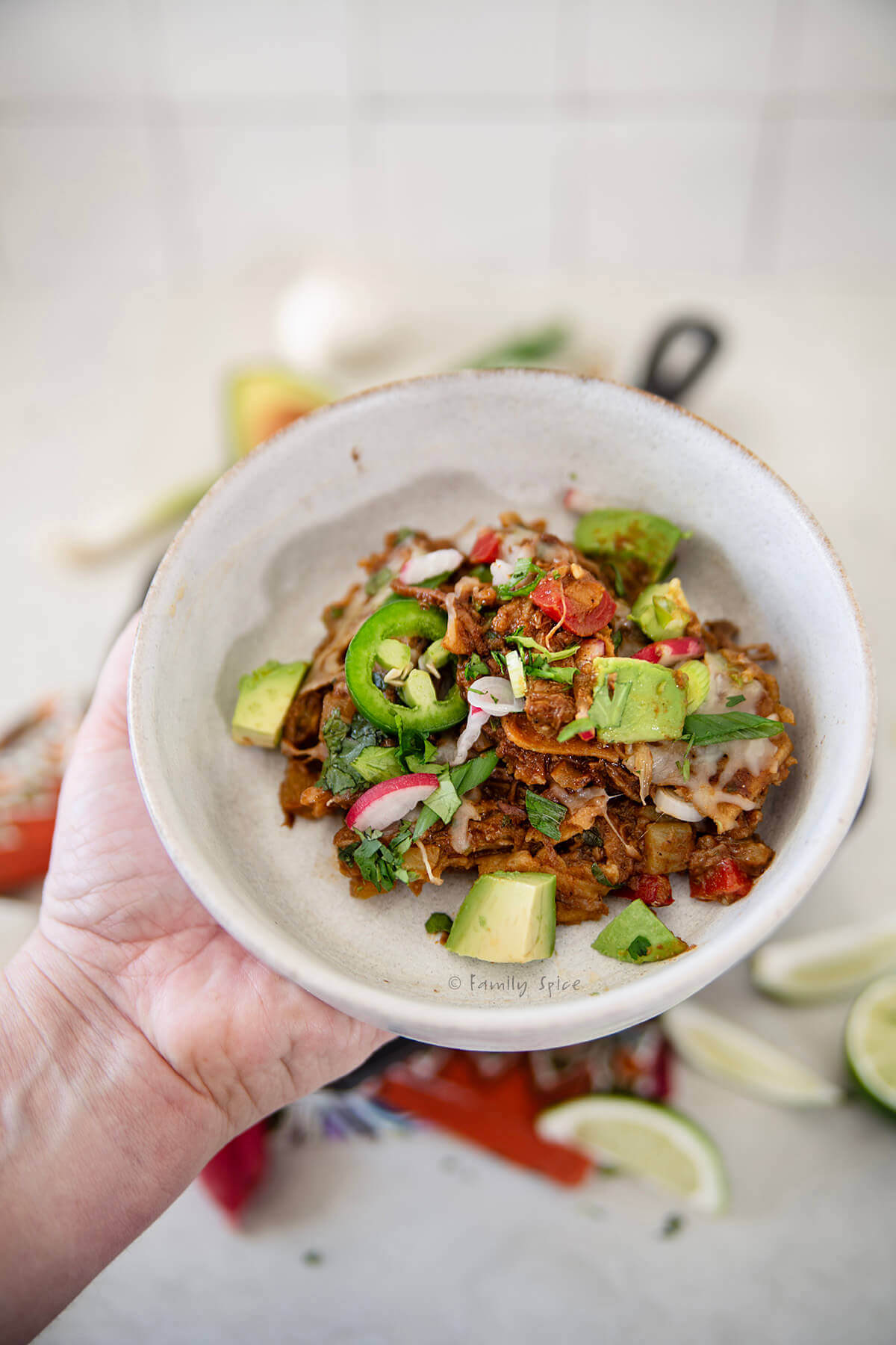 A hand holding up a bowl full of pulled pork enchilada skillet.