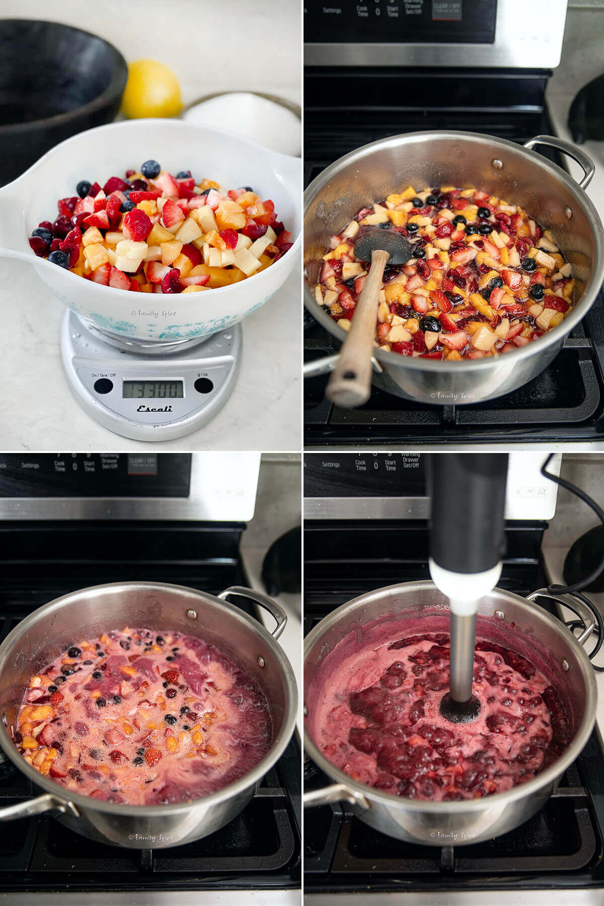 Collage of four images showing how to make mixed fruit jam.