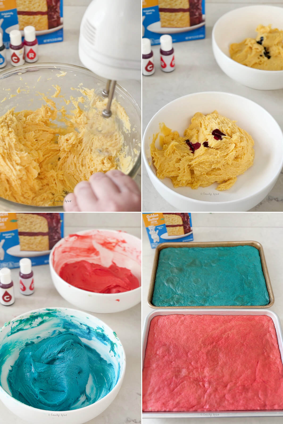 Collage of four photos showing how to make ice cream sandwiches using a box mix hack.