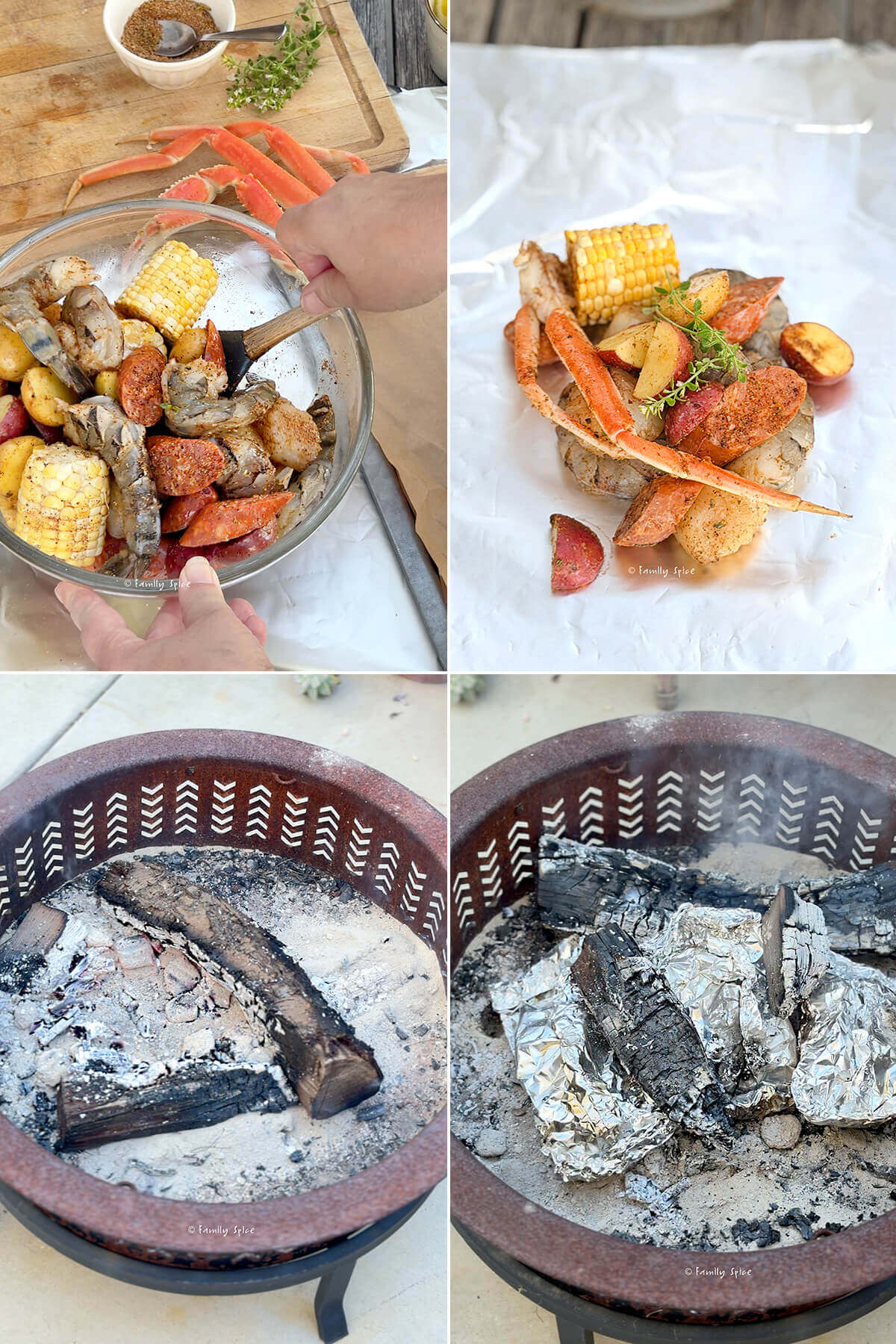 Collage of four pictures showing how to make seafood foil packet dinner.