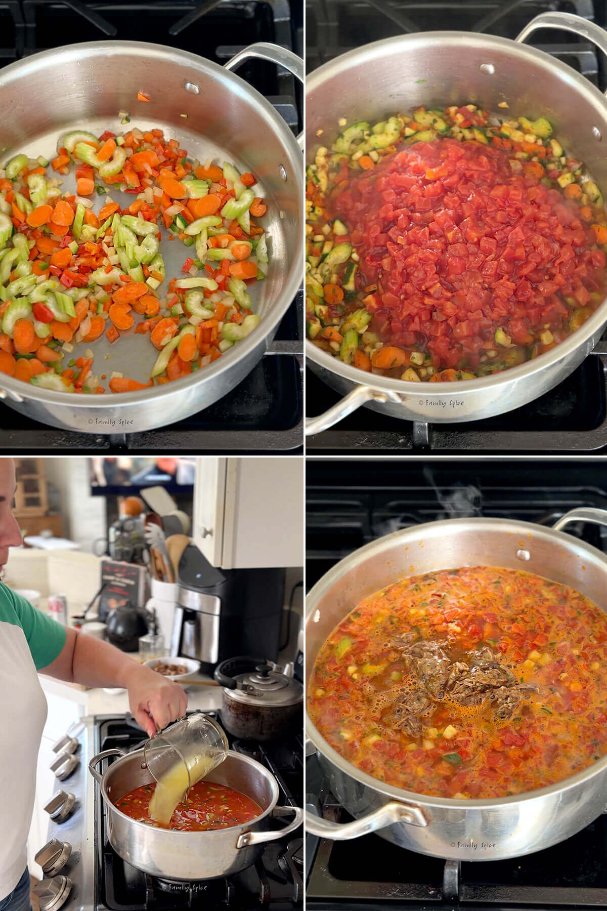 Collage of four pictures showing how to make pulled pork tortilla soup.