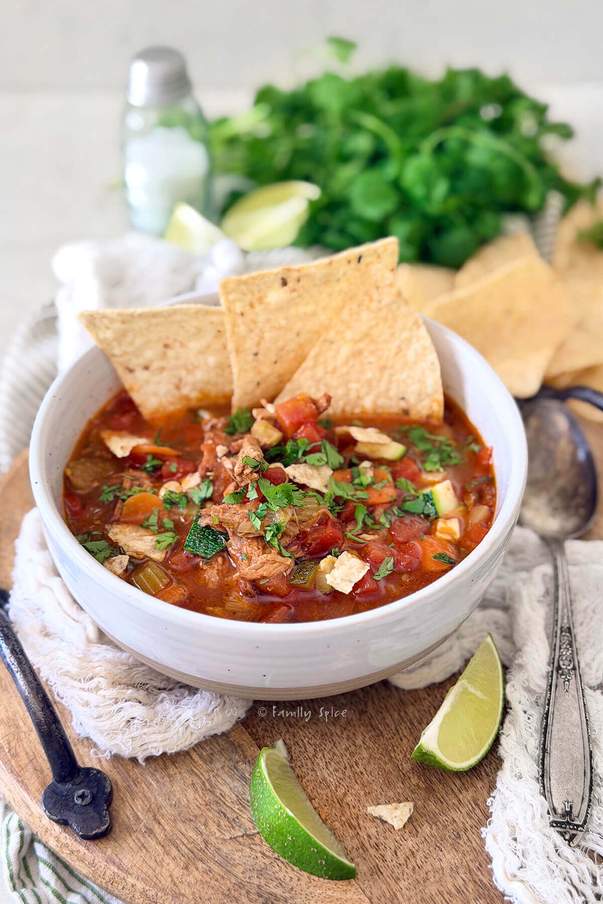 Closeup of a white bowl with pulled pork tortilla soup and ingredients behind it.