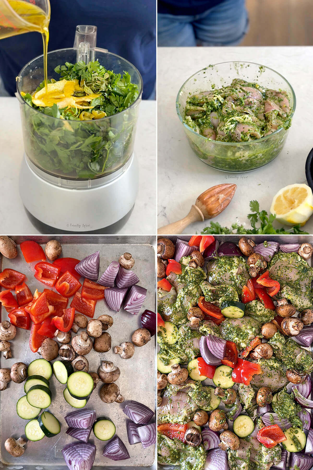Collage of four images showing how to make chicken chimichurri .