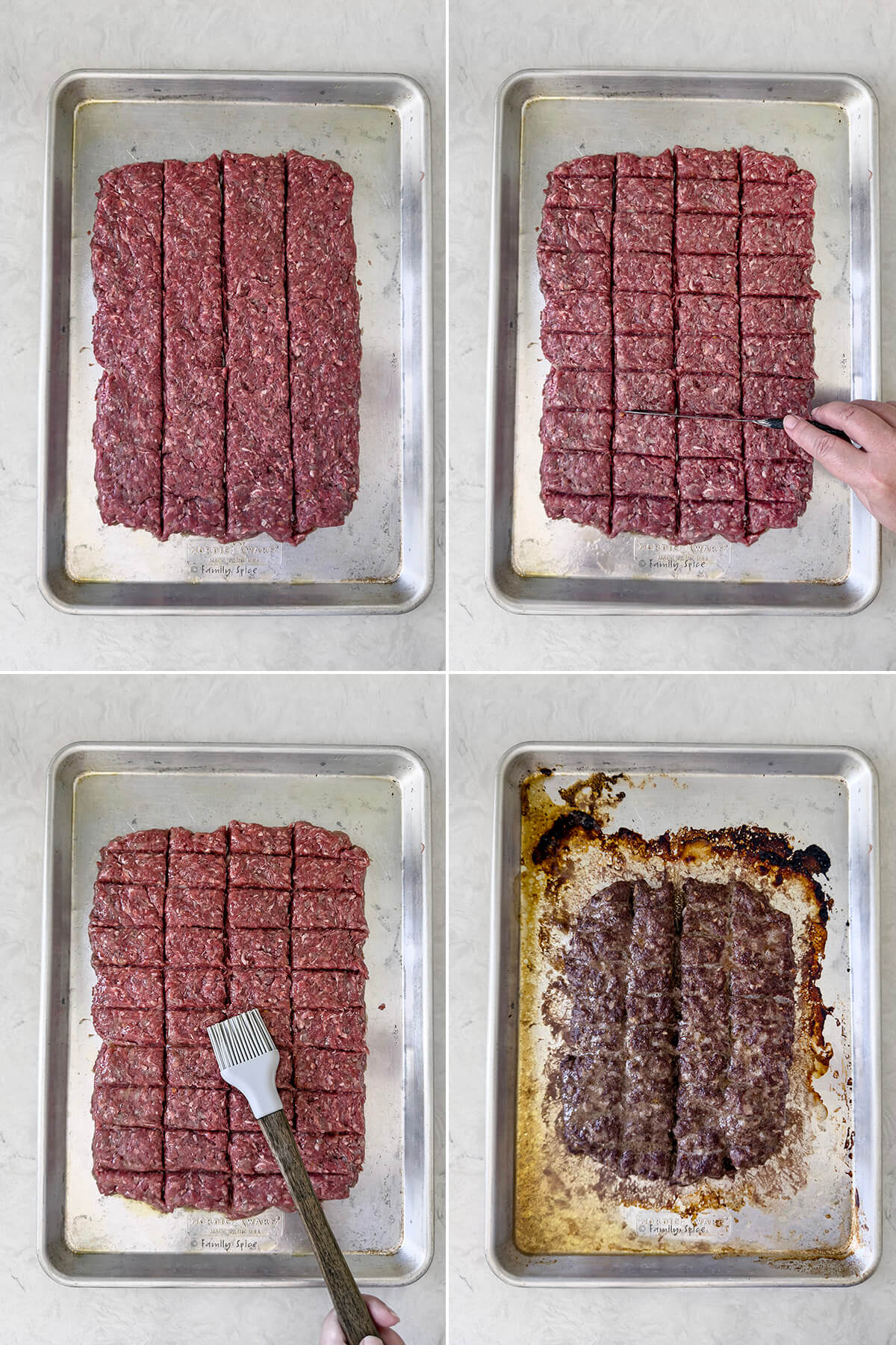 Collage of four images showing how to make sheet pan koobideh kabob in the oven.