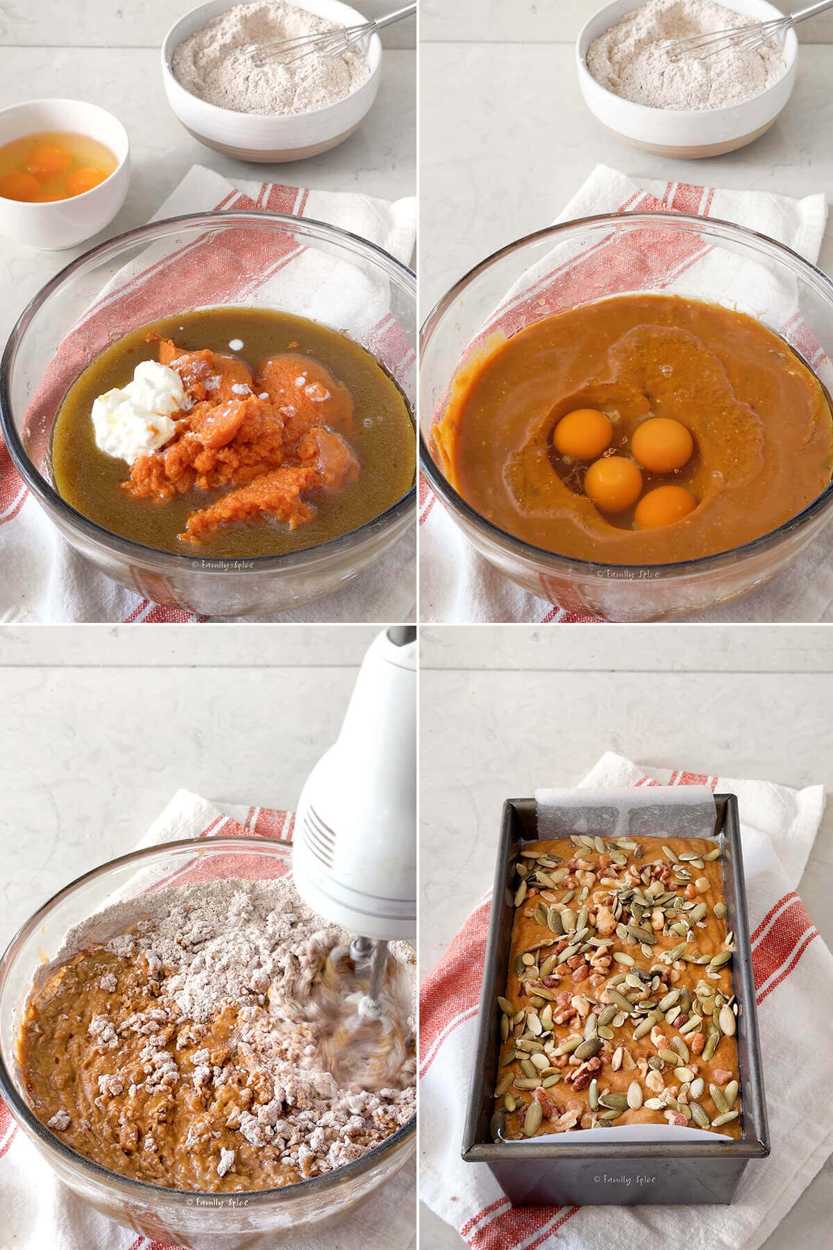 Collage of four images showing how to make olive oil pumpkin bread.