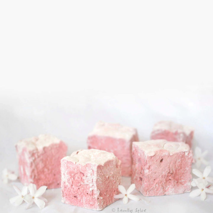 Light pink pomegranate marshmallow cubes on white background with little white flowers
