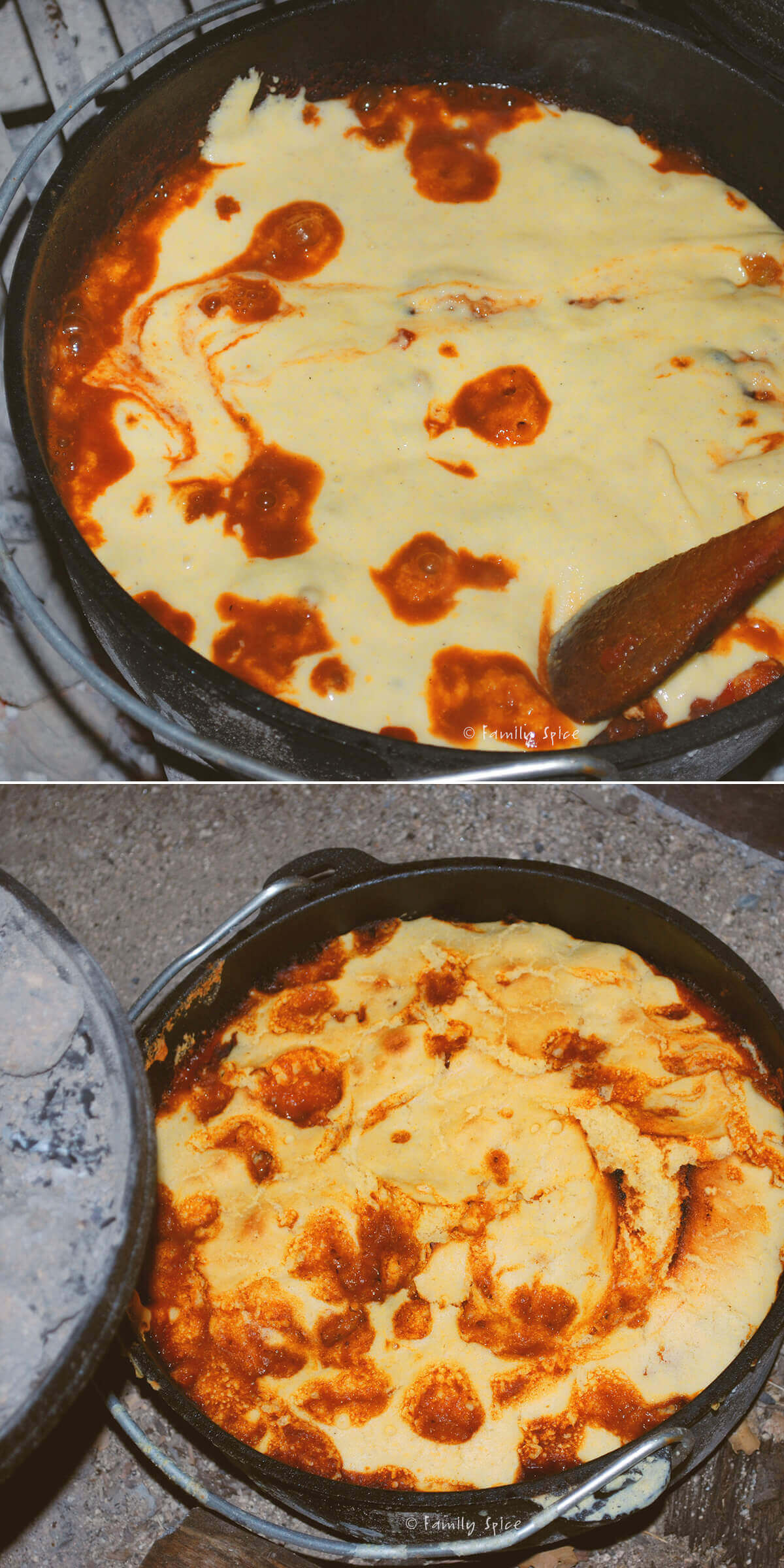 Collage of cornbread batter baking on top of simmering chili in a cast iron Dutch oven