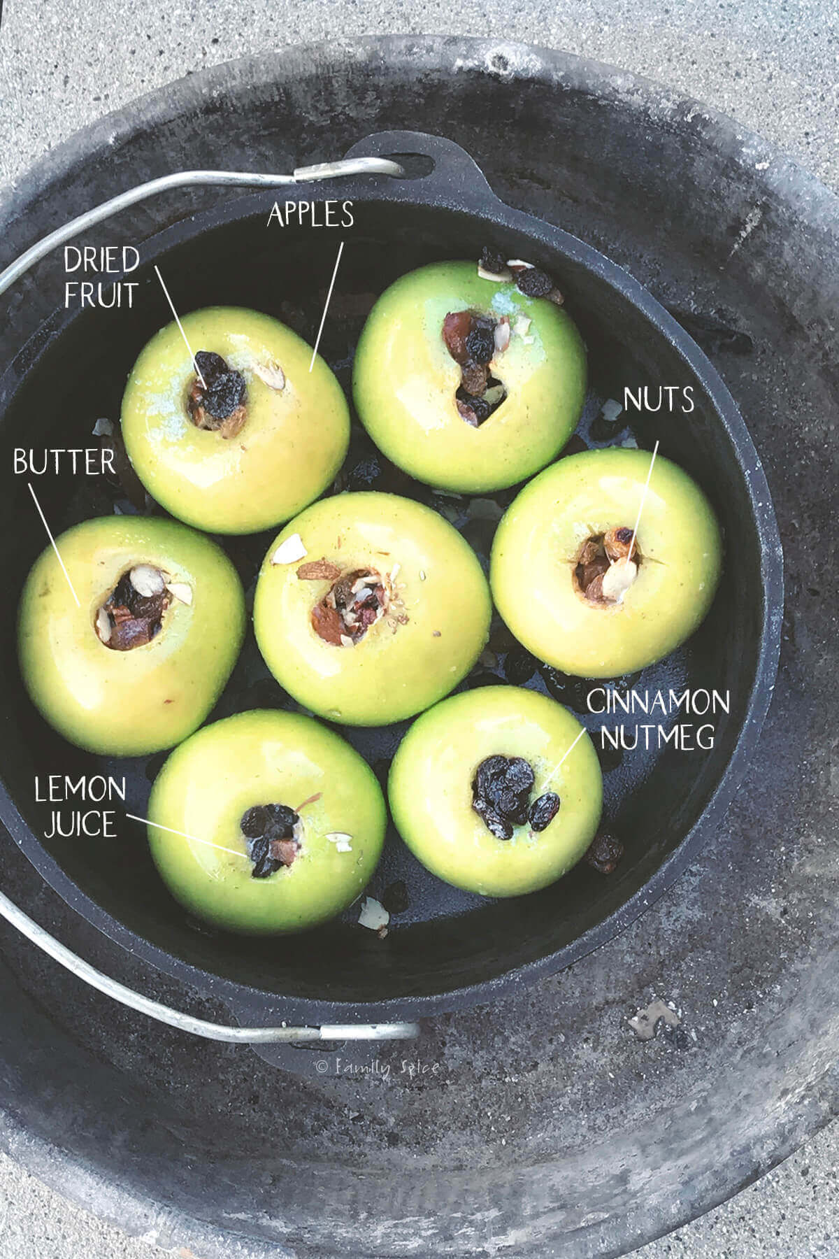 A cast iron dutch oven with baked apples in it and labeled with ingredients you need