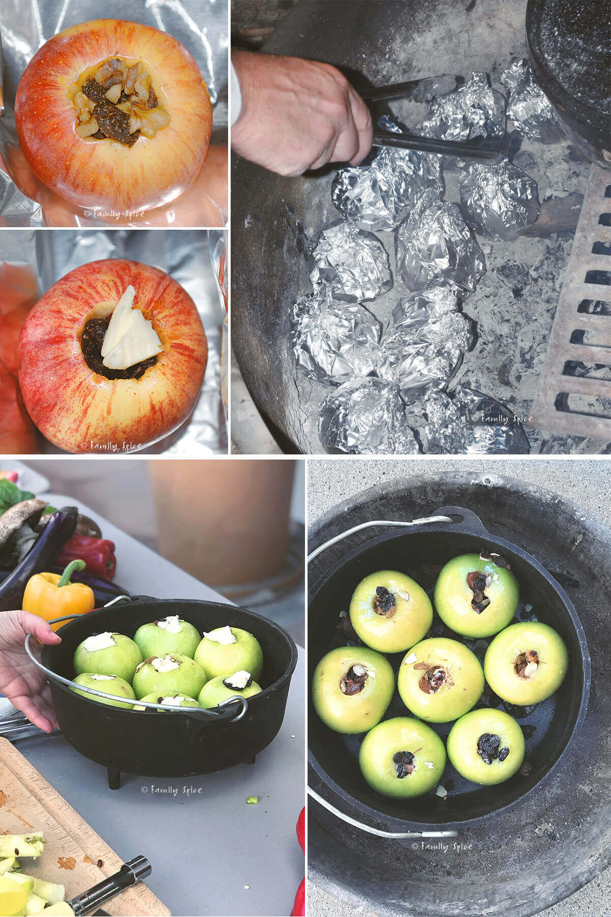 Collage of 5 images showing how to make baked apples in a campfire or in a cast iron dutch oven.