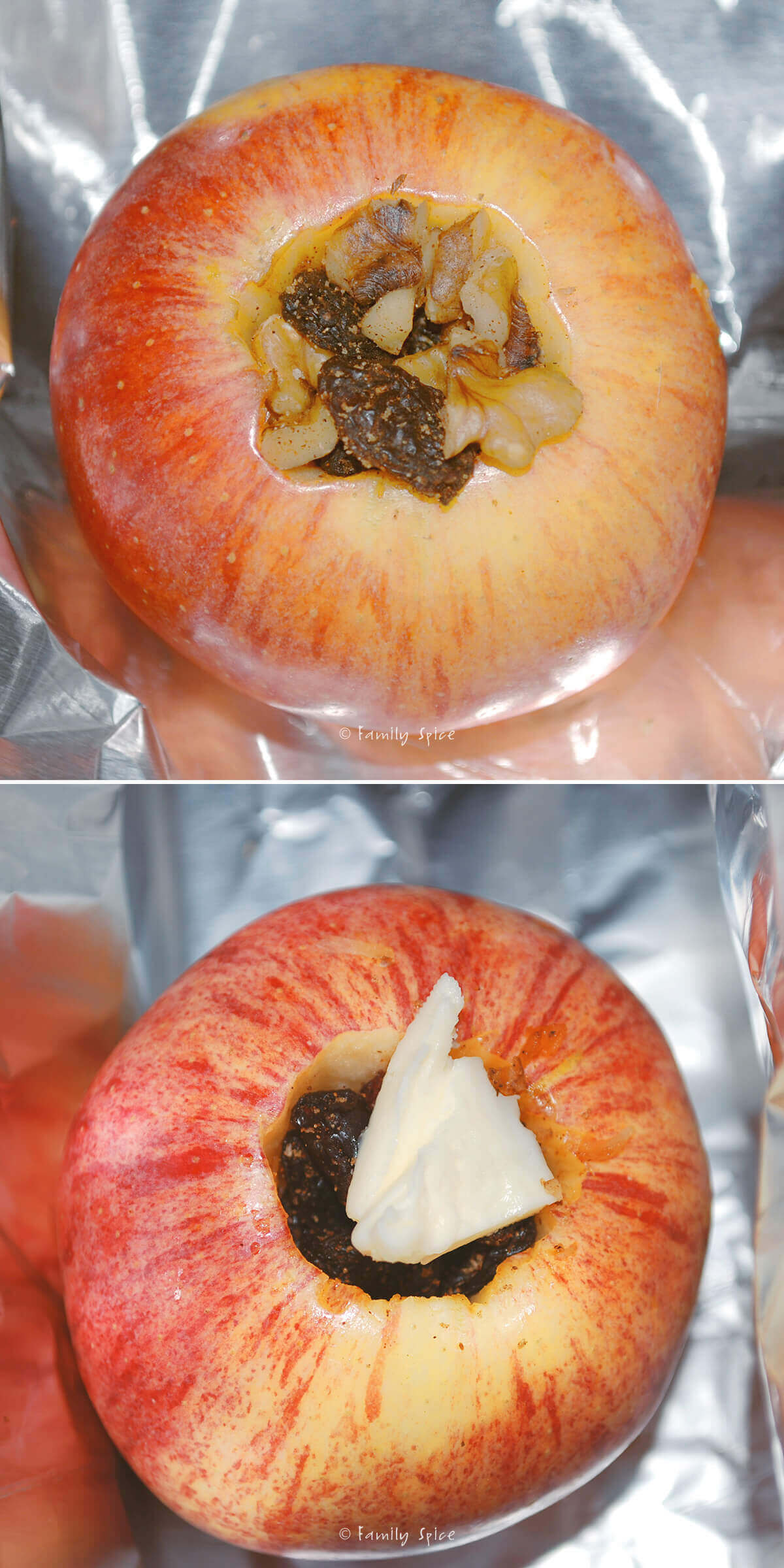 Apples cored out stuffed with nuts and raisins