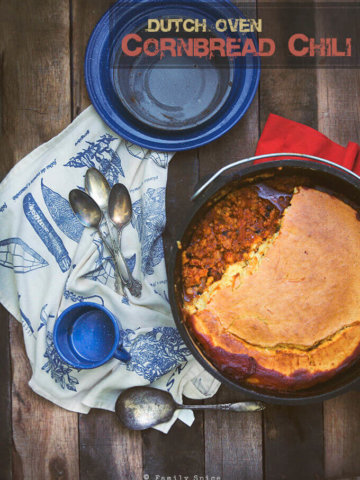 Dutch Oven Chili with Cornbread Baked on Top by FamilySpice.com