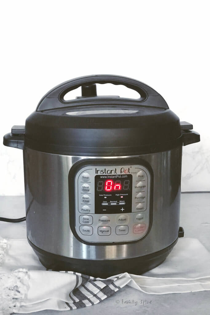 The instant pot with lid on ready to pressure cook