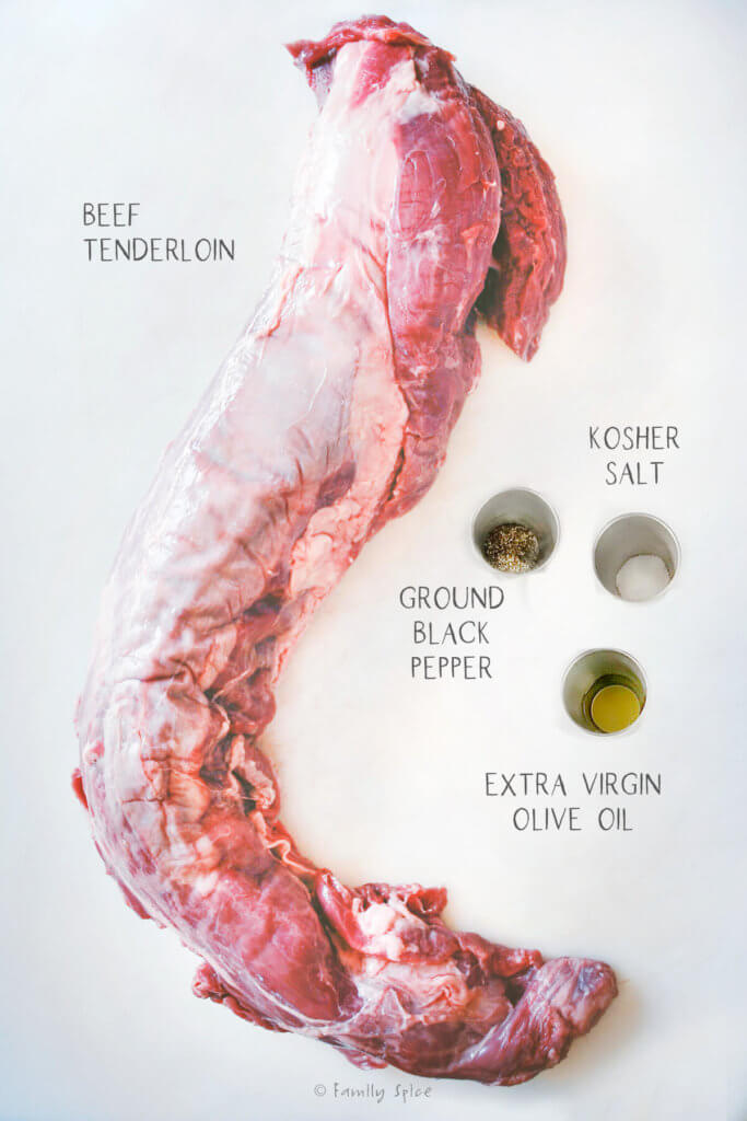 Ingredients needed and labeled for beef tenderloin