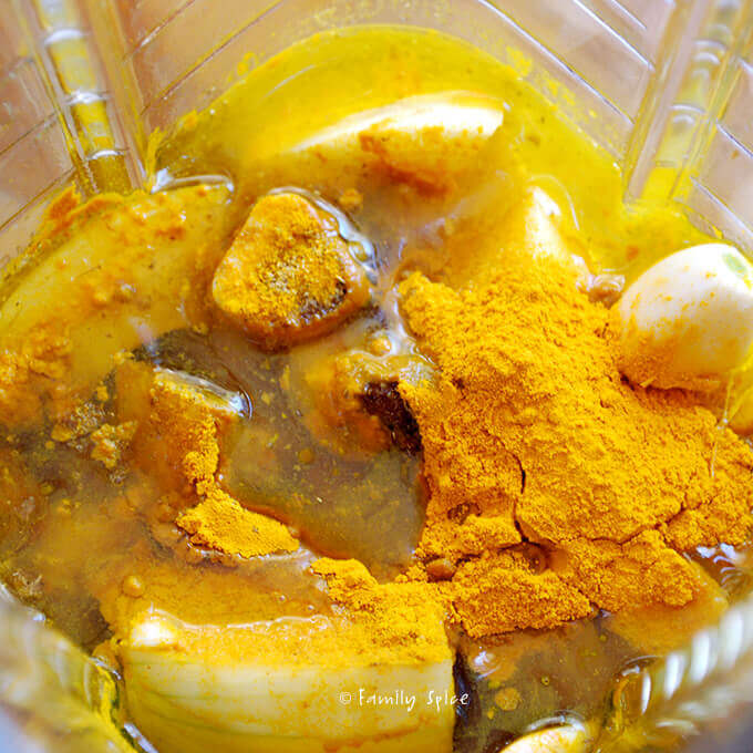 Making marinade for Thai Chicken Satay Kabob with Red Pepper Sauce by FamilySpice.com