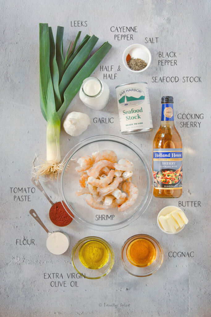 Ingredients labeled and needed to make shrimp bisque