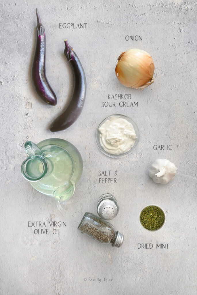 Ingredients labeled and needed to make kashkeh bademjan