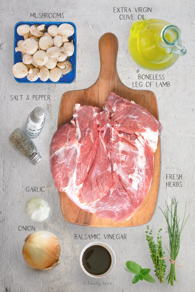 Ingredients labeled and needed to make stuffed leg of lamb