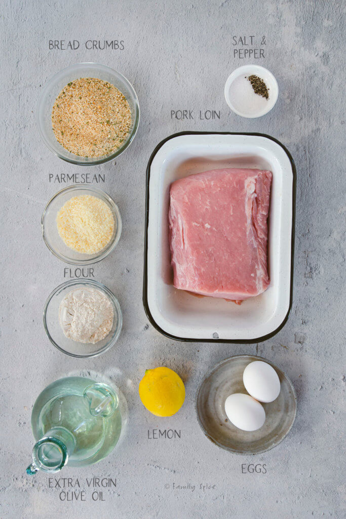 Ingredients labeled and needed to make pork milanese