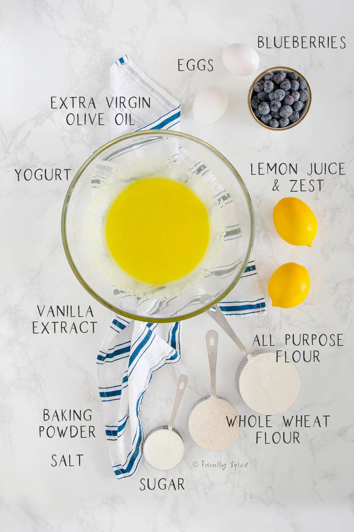 Ingredients with text to make lemon blueberry muffins