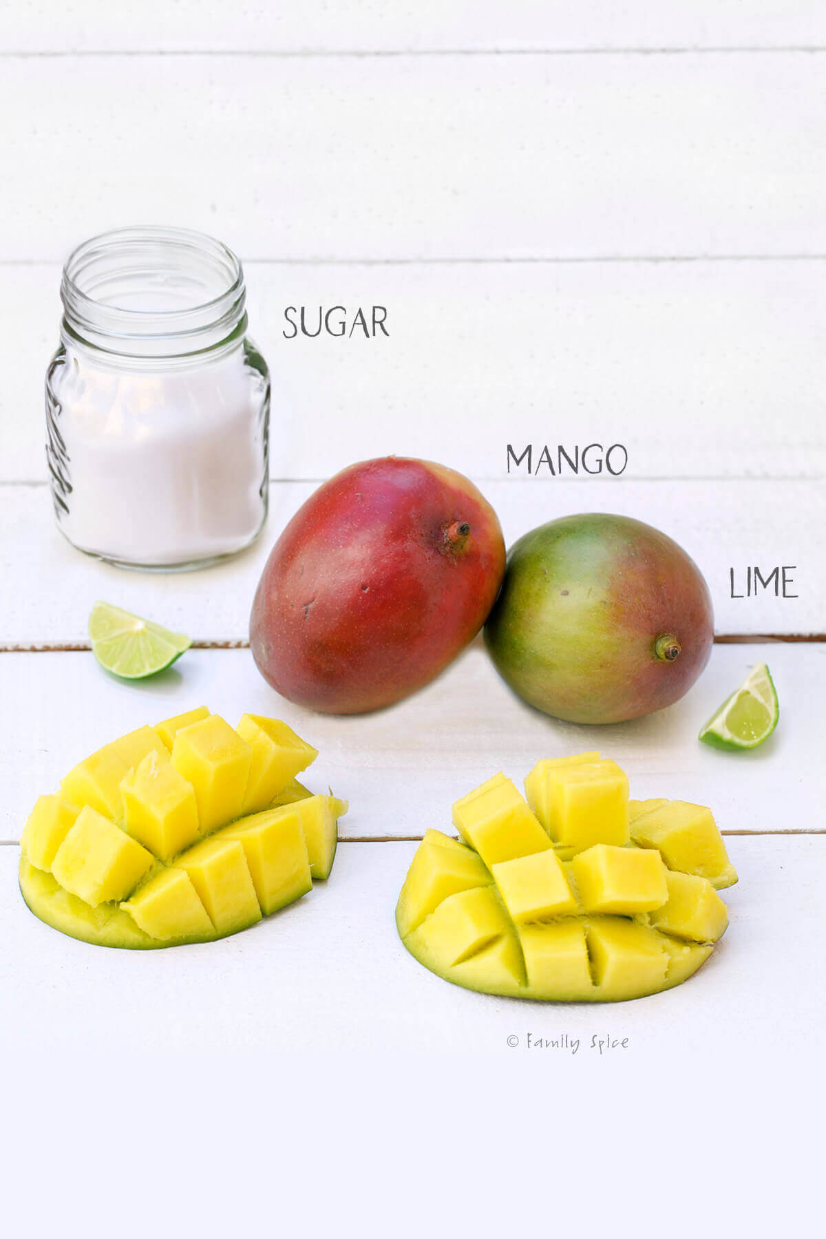 Ingredients labeled and needed to make mango sorbet