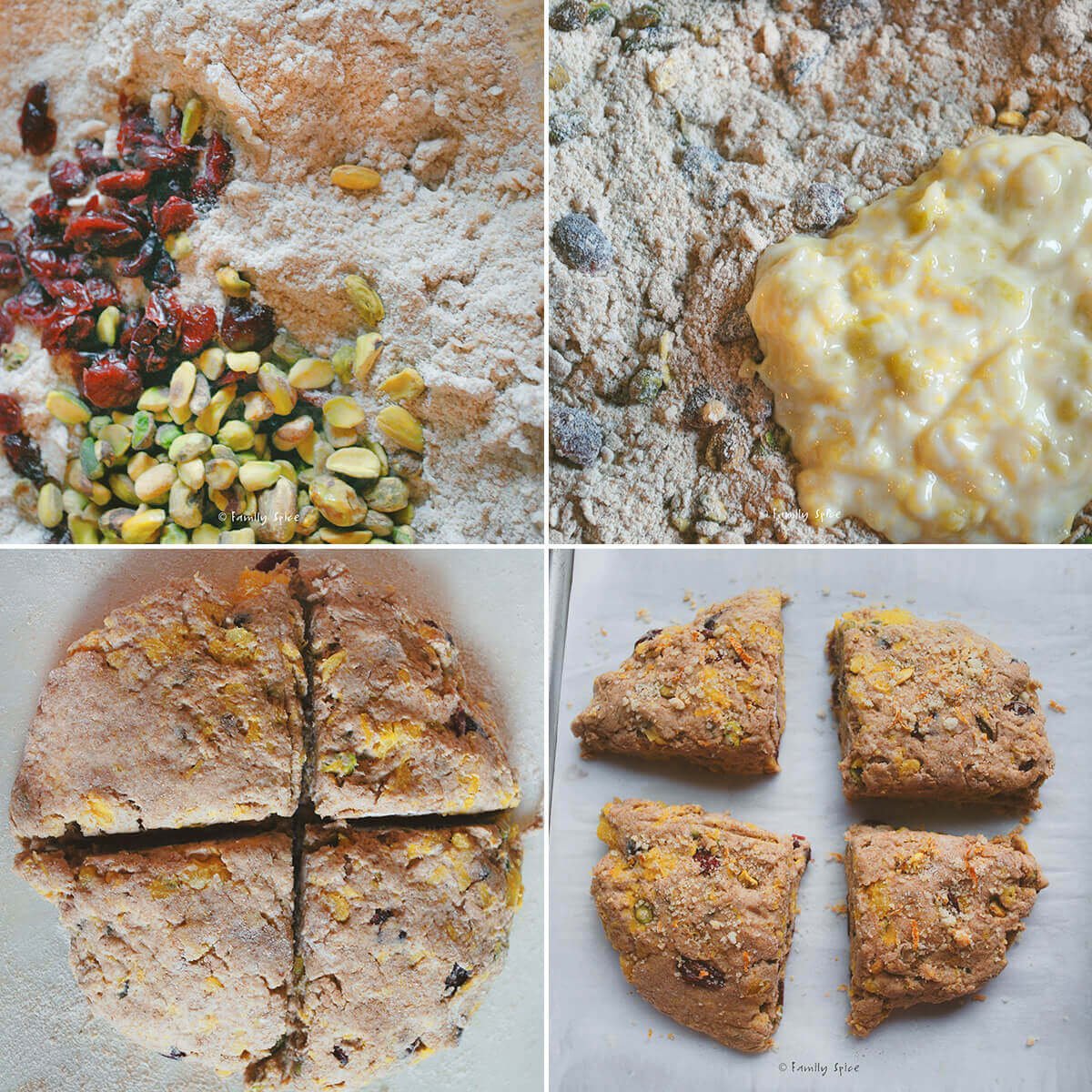Collage of four pictures showing how to make wholemeal scones with pumpkin.