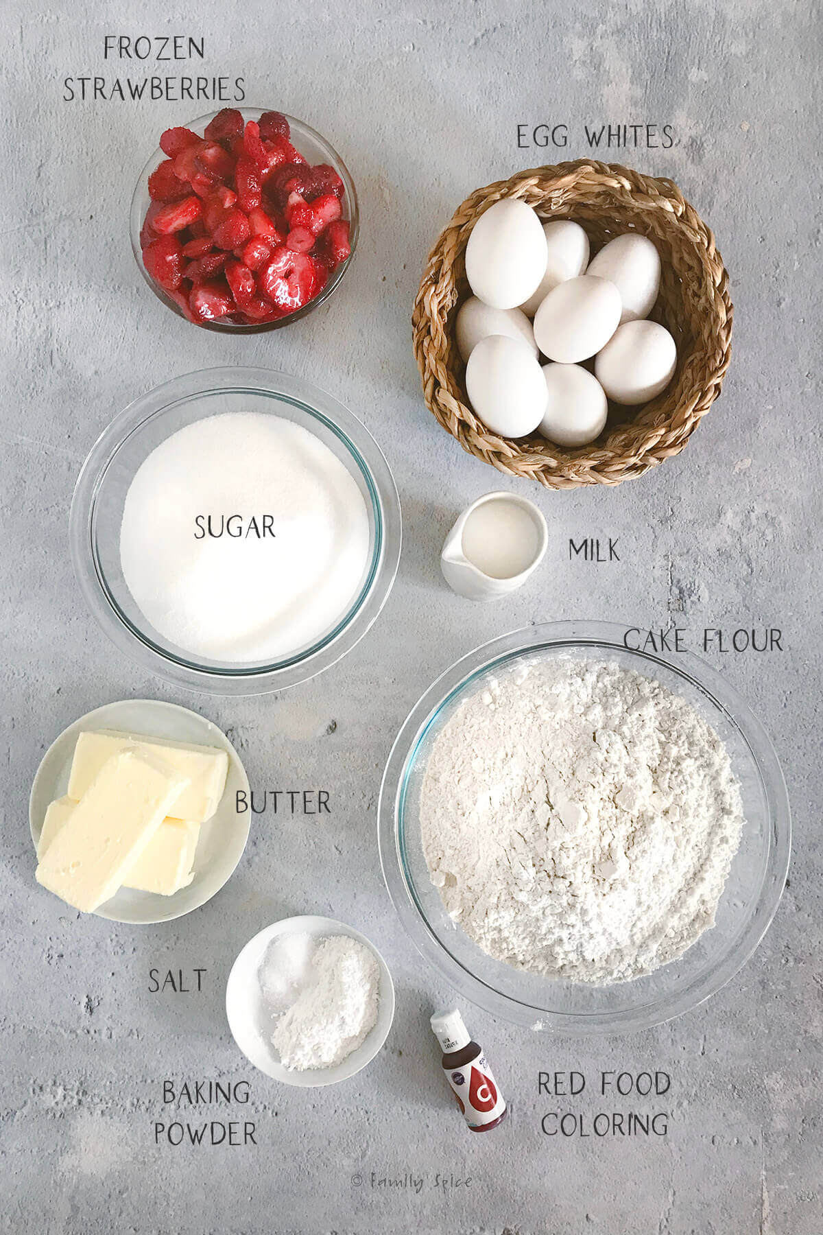Labeled ingredients to make strawberry cake