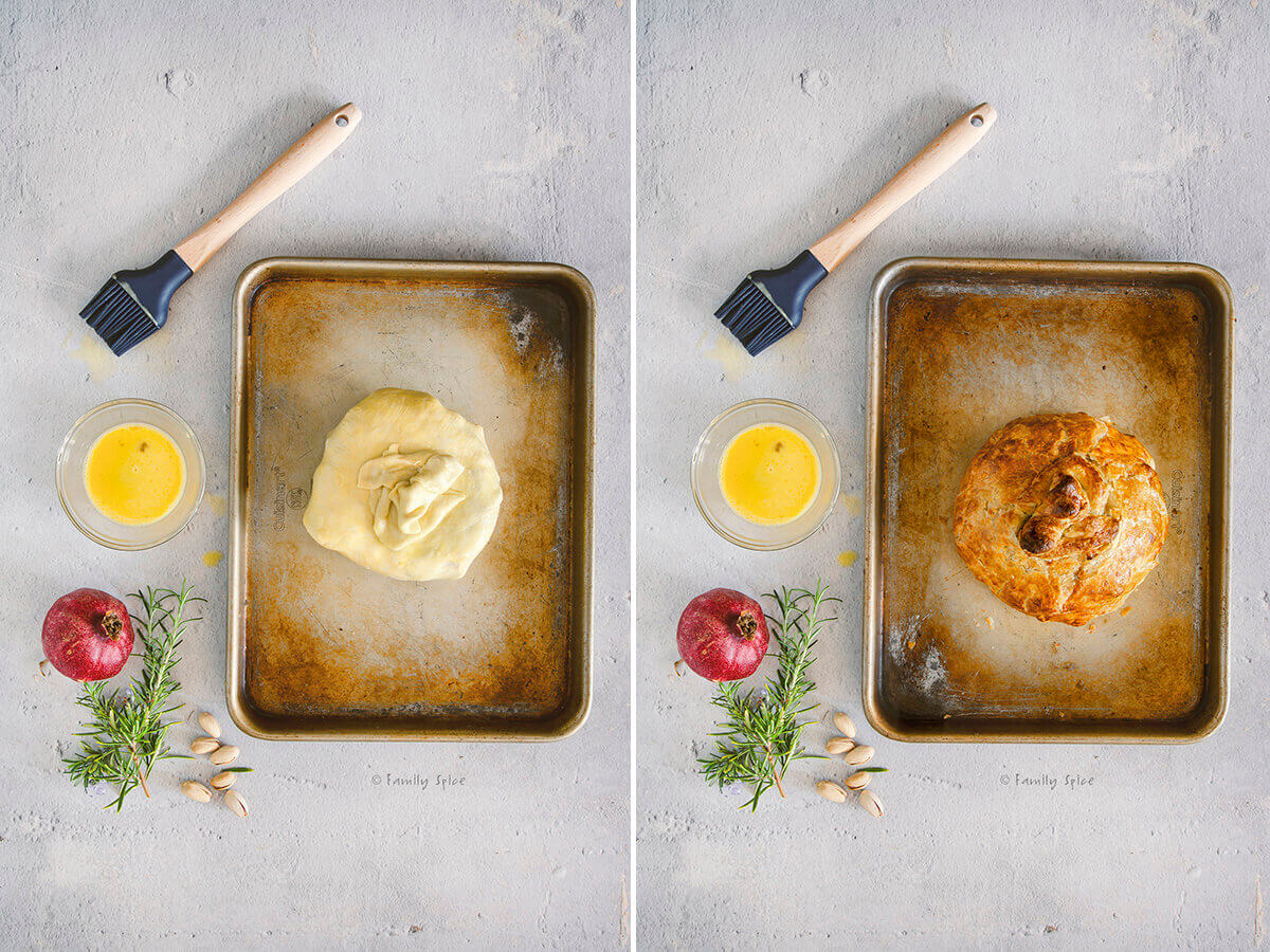 Two photos showing before and after a brie en croute is baked.