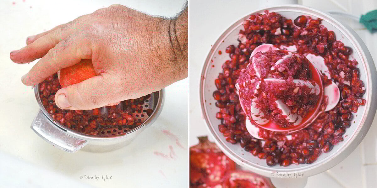 Two photos showing how to juice a pomegranate with a citrus juicer.