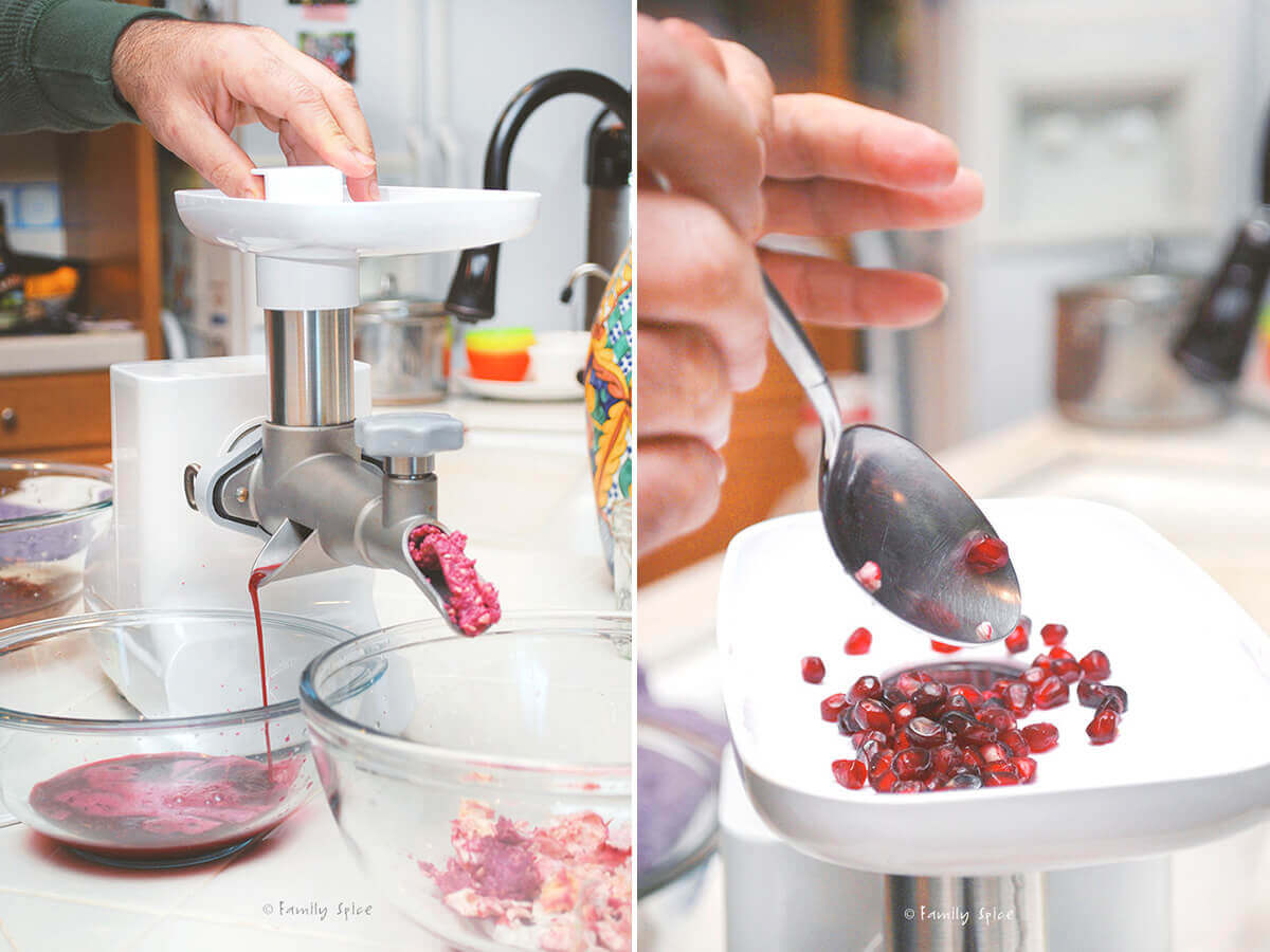 Two photos showing how to juice a pomegranate using a spiral juicer.