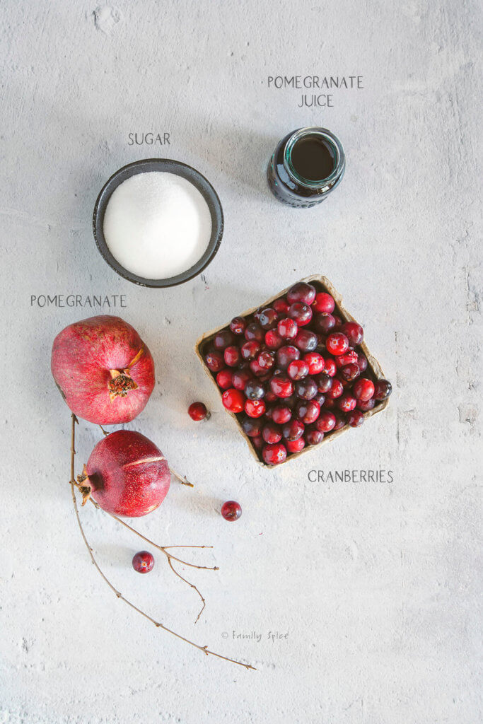 Ingredients to make cranberry pomegranate sauce