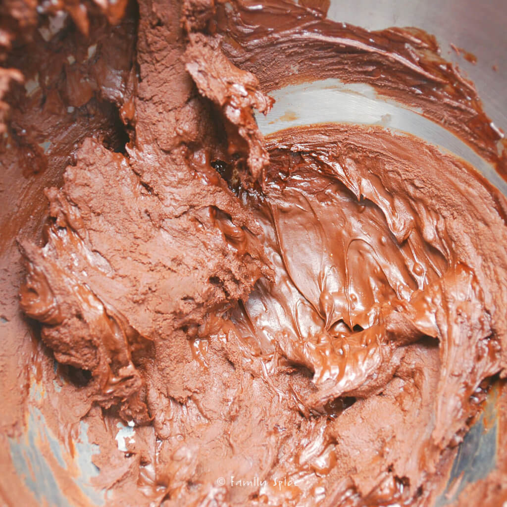 Mixing up chocolate cookie dough in a mixing bowl