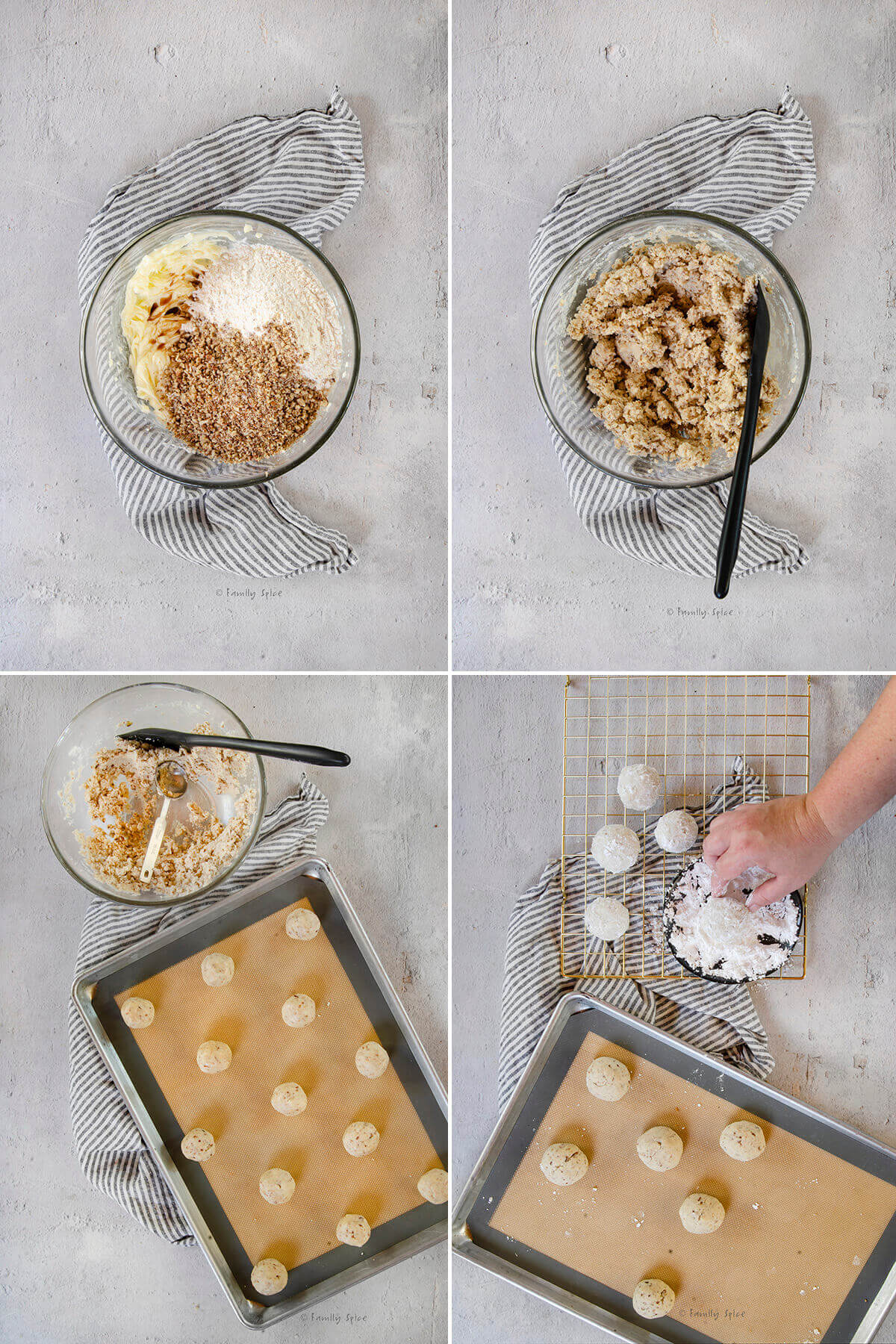 Collage of four pictures showing how to make sand tart cookies.