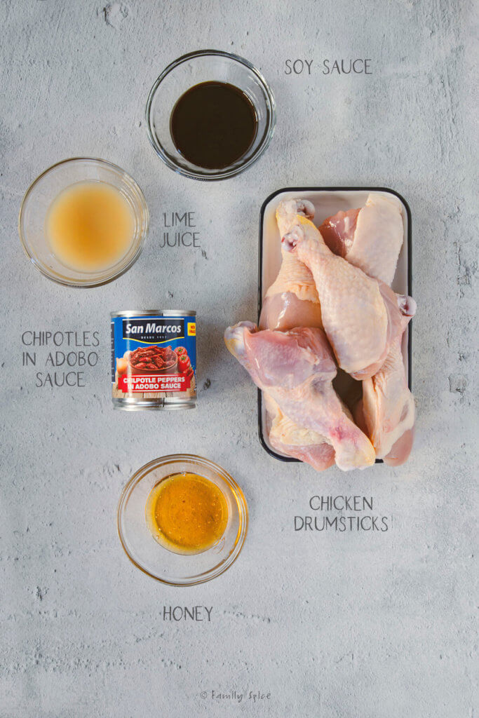 Ingredients labeled and needed to make chicken legs with chipotle glaze