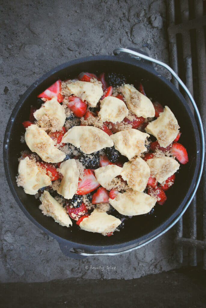 Berries covered in brown sugar and biscuit dough to make Dutch oven berry cobbler
